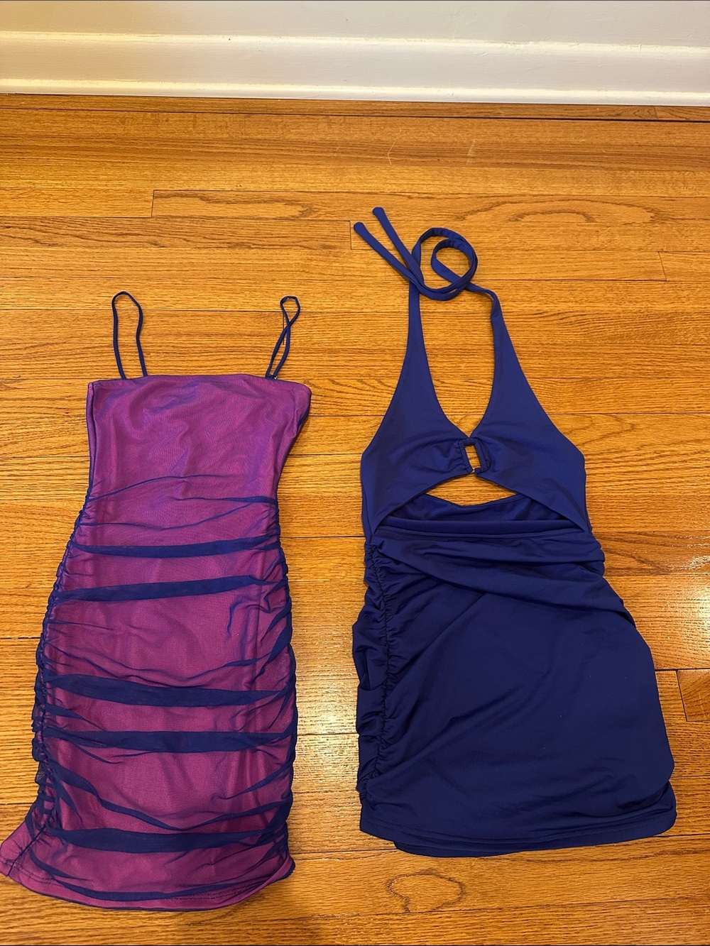 Fashion Nova Purple Mesh Mini Dress with Navy Halter Cutout
